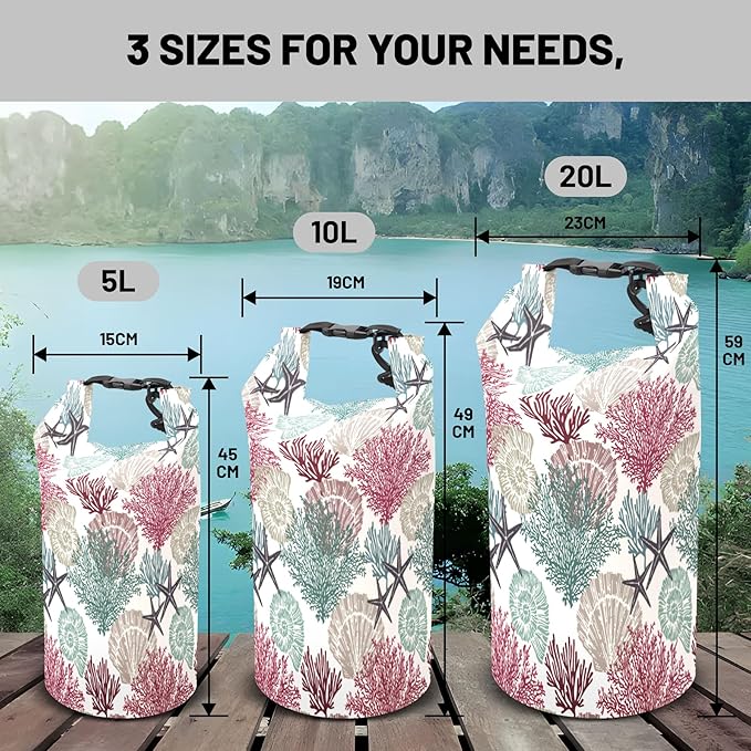 Waterproof Dry Bag,Roll Top Coastal Summer Beach Coral Starfish Small Waterproof Backpack 5L/10L/20L Floating and Lightweight Bags for Kayaking, Boating, Fishing, Swimming and Camping