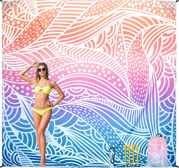 Beach Blanket Waterproof Sandproof Beach Mat for 1-8 Adults Quick Drying Durable Outdoor Picnic Mat for Beach Festival Travel Camping Hiking (Gradiant-Ripple, 79"×108"(6 Person))
