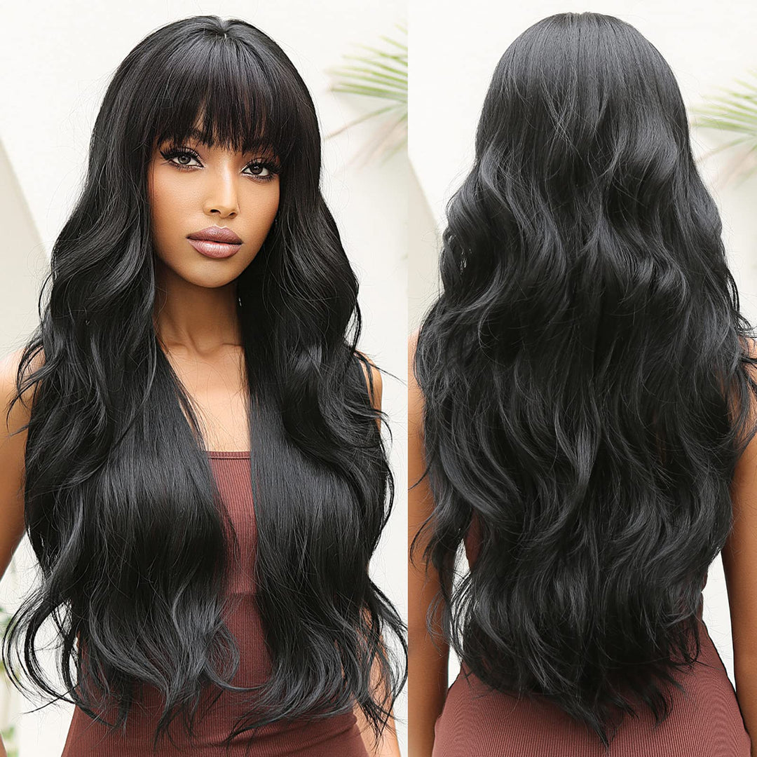 Allbell Black Wavy With Bangs Wigs For Women Long Curly Black Wig With Bangs Synthetic Wig