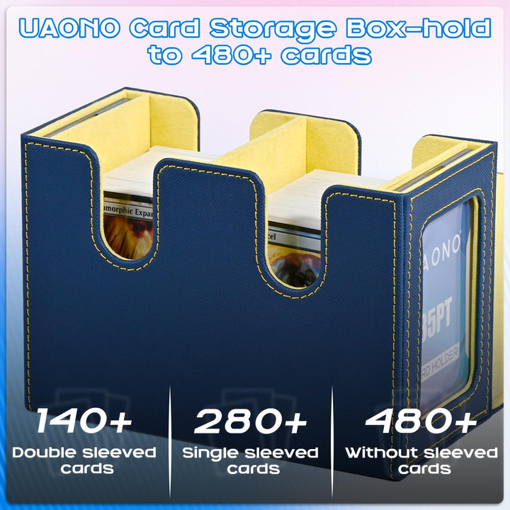 UAONO Deck Box with Dual Commander Displays, Card Storage Box Holds 280+ Single-Sleeved Cards, Trading Card Box Suitable for CCG, MTG, EDH (Blue&Yellow)