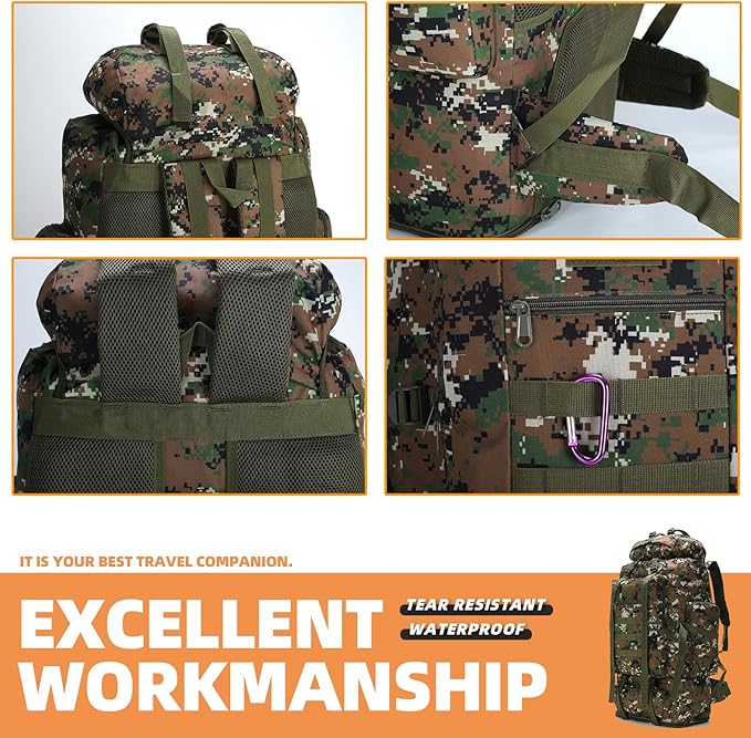 70L/100L Hiking Camping Backpack MOLLE Rucksack Waterproof Daypack for Traveling (Woodland Camo)