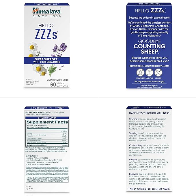 Himalaya Hello ZZZs with GABA, L-Theanine and Melatonin 3mg for Sleep Support and Occasional Sleeplessness, 60 Capsules, 2 Month Supply