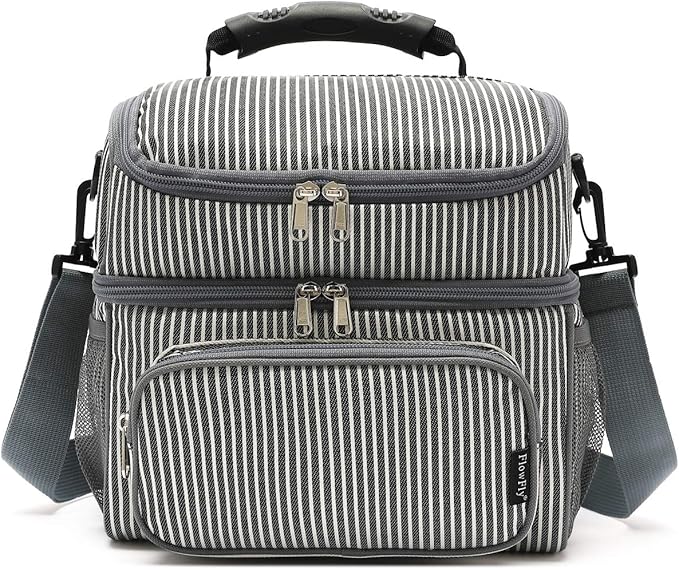 FlowFly Double Layer Cooler Insulated Lunch Bag Adult Lunch Box Large Tote Bag for Men, Women, With Adjustable Strap,Front Pocket and Dual Large Mesh Side Pockets
