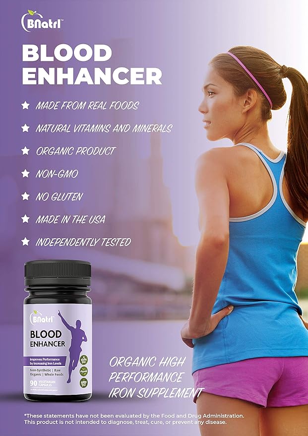Blood Enhancer, Organic Iron Supplement, Supports Energy, Increase Oxygen-Enhances Red Blood Cell Production Without Nausea or Constipation, Veggie Capsules, Gluten-Free, Non-GMO - 90 Capsules