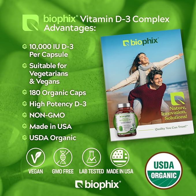 biophix Organic Vitamin D-3 Complex 10000 IU 180 Vcaps with Turmeric - High-Potency Supports Strong Bones Immune Health