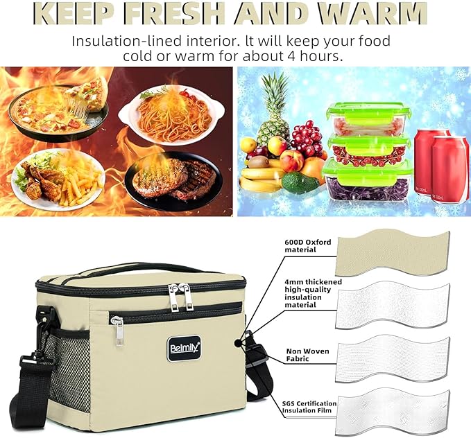 BEIMILY Lunch Box for Men/Women,Small Insulated Lunch Bag,Reusable LunchBox for work Picnic Beach,Leakproof Soft Cooler Tote Bag Organizer with Adjustable Shoulder Strap for Adults (Light Khaki)
