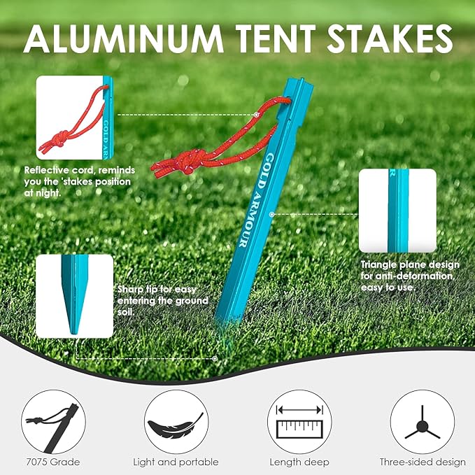 Gold Armour Tent Stakes - 12 Pack Heavy Duty, Lightweight, Camping Stakes Pegs for Outdoor Tent and Tarp, Essential Camping Gear Equipment Accessories (Blue)