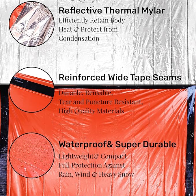 6 Pack Emergency Survival Sleeping Bags, Thermal Bivy Sack Blanket, Lightweight Portable Nylon Sack with Whistle, Aluminized PE Survival Gear Supplies for Camping Hiking, Outdoor Adventure