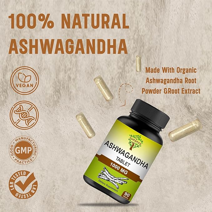 Ashwagandha Tablets, 1000mg | 100% Natural Ashwagandha & Withanolide | Stress Relief Rejuvenates Mind & Body Improves Strength & Energy for Men & Women| 90 Tablets, 45 Days Supply