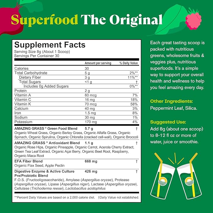 Bundle of Amazing Grass Greens Superfood Powder: Greens Powder with Digestive Enzymes & Probiotics, Organic Spirulina, Chlorella, and Beet Root Powder, Original, 30 Servings (60 Total Servings)