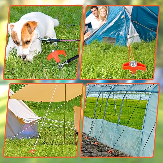 8" Screw Tent Stakes - Heavy-Duty Metal Threaded Camping Tent Spikes with Luminescent Plastic Heads, Essential for Outdoor Camping - 10 Pack