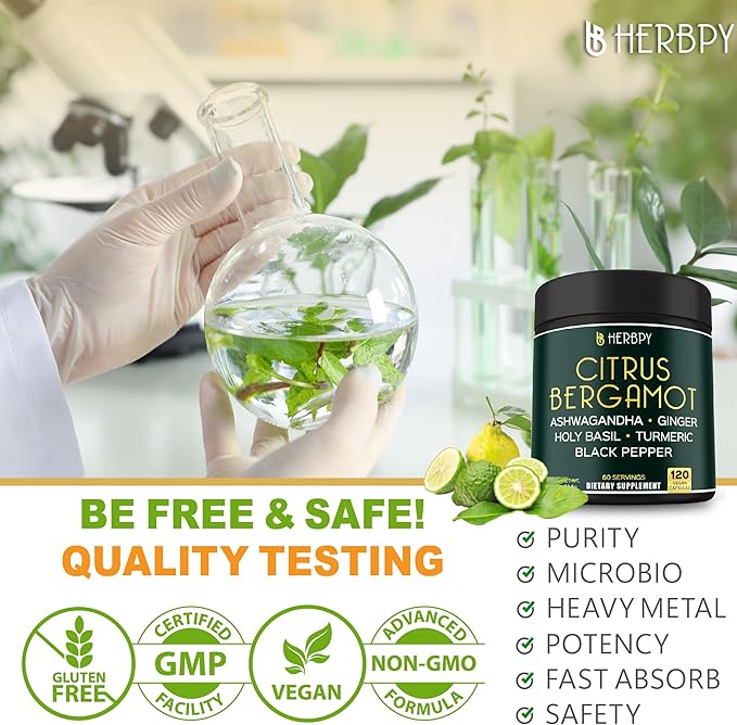 6in1 Citrus Bergamot Supplement with Ashwagandha, Holy Basil, Turmeric & Ginger Root - Healthy Aging, Immune & Relaxation - 120 Vegan Capsules