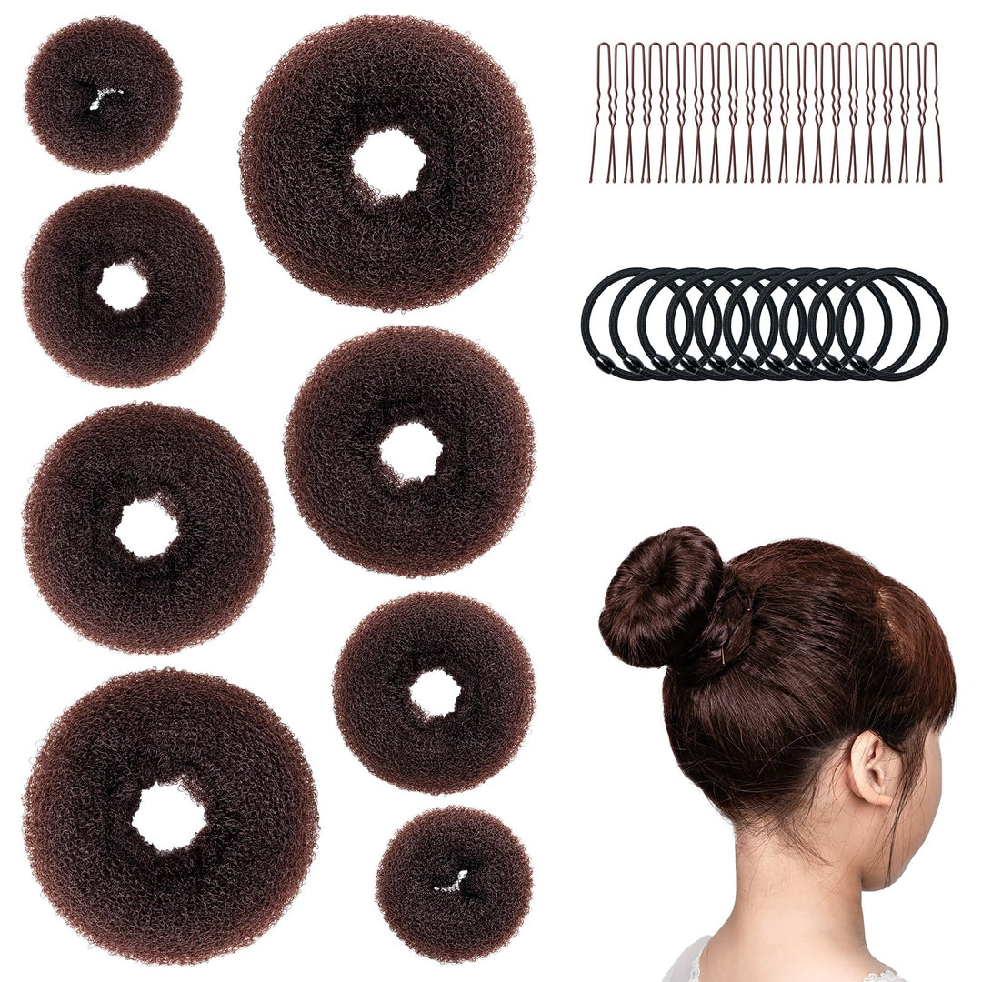 Amrules Donut Hair Bun Maker Set, 8 Pieces with 10 Black Rubber Bands and 20 Bun Bobby Pins for Ladies, Brown