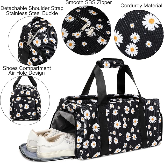 Dance Bag for Girls Corduroy Kids Duffel Bag Ballet Bag for Girls Teen Women Sports Gym Bag Water Resistant Travel Duffle Bags with Shoes Compartment（black daisy）