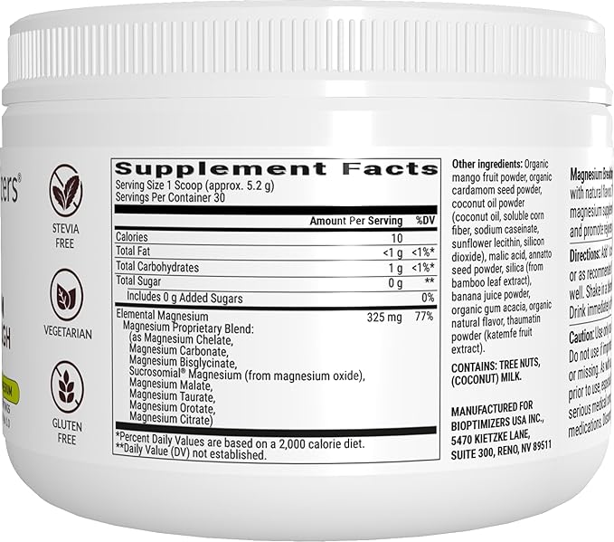 BIOptimizers Magnesium Breakthrough Drink Banana Mango - 8 Forms of Magnesium: Glycinate, Malate, Citrate, and More - Natural Sleep Supplement – 6 oz (30 Servings)