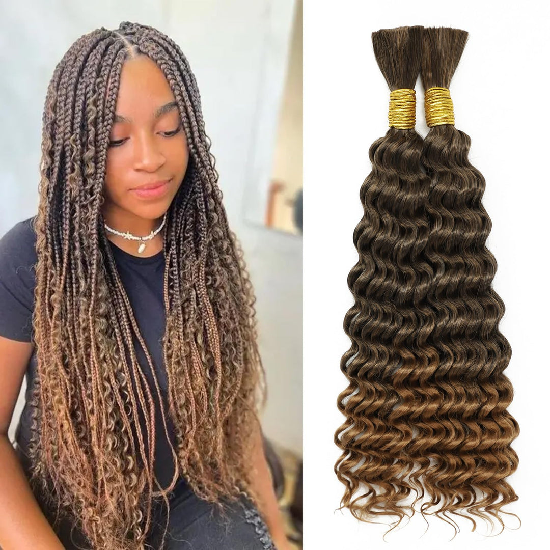 Eacia 18 Inch Deep Wave Bulk Hair for Braiding 2 Bundles 200g Ombre Brown Curly Braiding Hair for Boho Braids Micro Twist No Weft Wet and Wavy Braiding Hair Extensions
