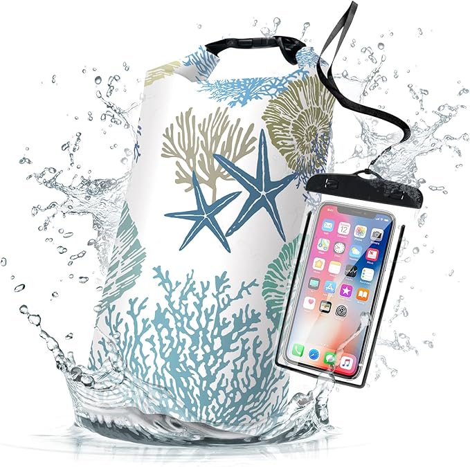 Waterproof Dry Bag,Roll Top Nautical Coastal Beach Seashell Starfish Small Waterproof Backpack 5L/10L/20L Floating Lightweight Bags for Kayaking,Boating,Swimming Camping with Waterproof Phone Case