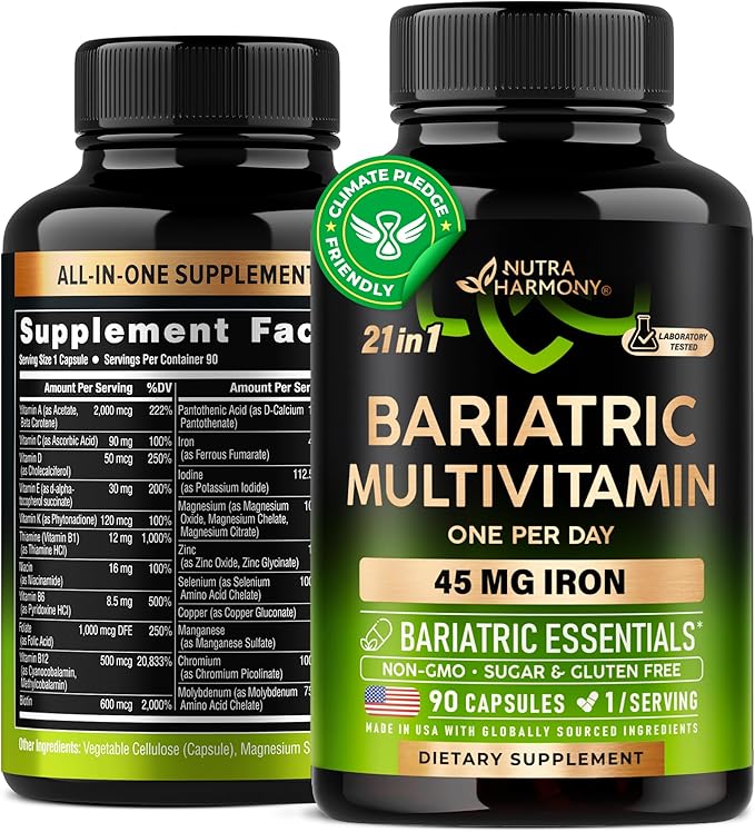 Bariatric Multivitamin - 45 mg Iron Supplements - Made in USA - for Women & Men - All-in-One, 21 Essential Vitamins - Gastric Sleeve Support - Free of Sugar, Gluten & Soy - 90 Capsules, Once Daily