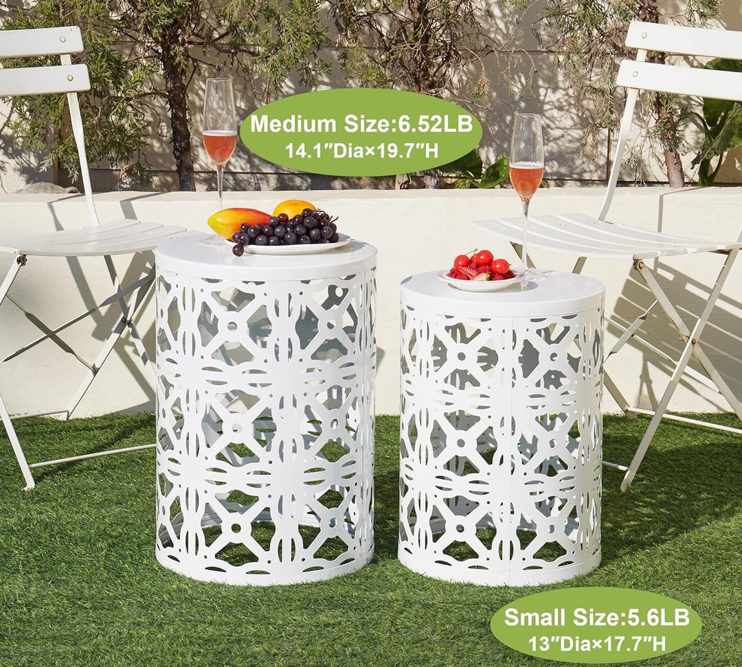 Set of 3 Metal Outdoor Side Table, Nesting Round Coffee Table for Indoor Outdoor, Heavy Duty End Tables Plant Stand Living Room Garden Stool - White