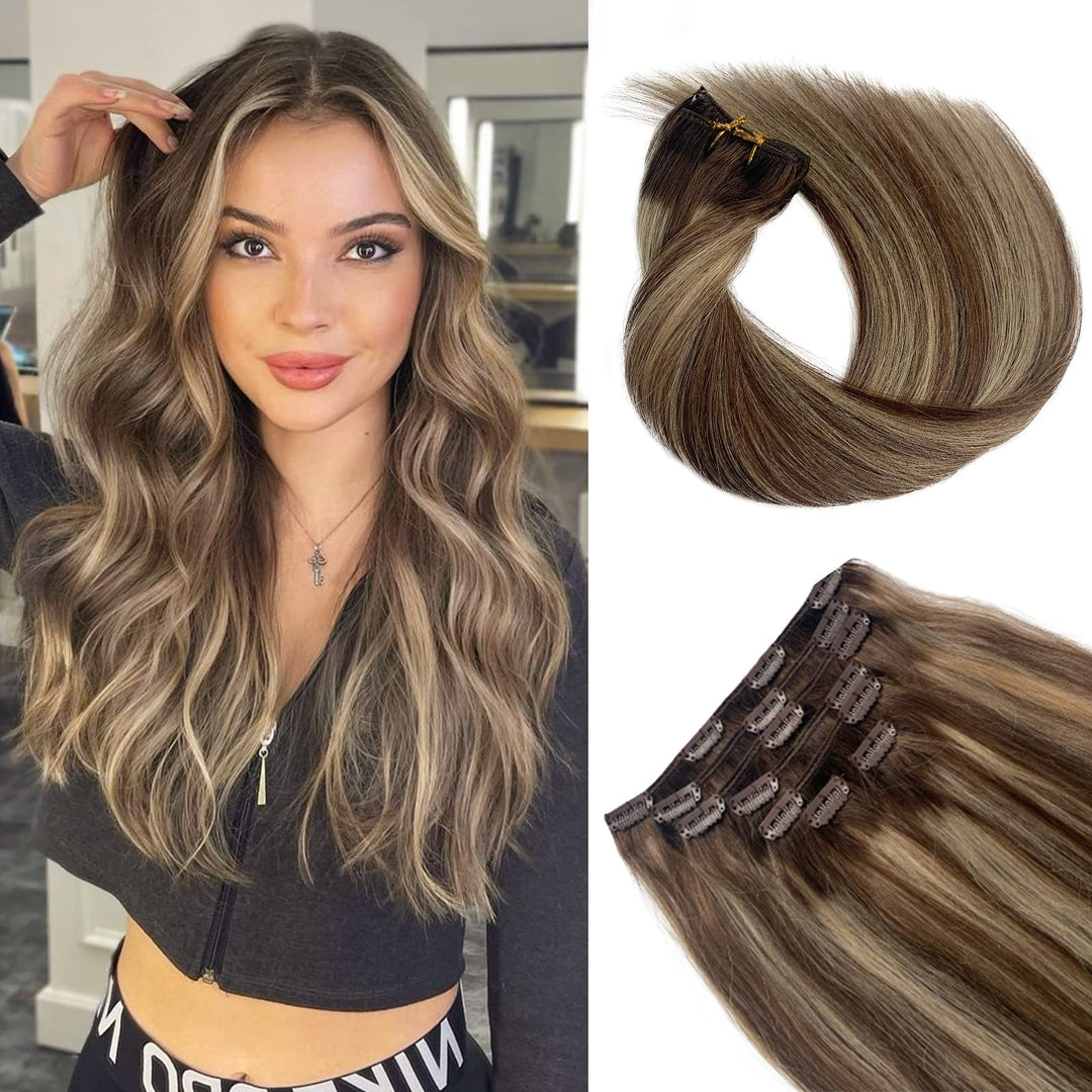 Clip In Hair Extensions Human Hair Brown And Blonde Balayage Hair Extensions Real Human Hair Double Weft Medium Brown To Honey B