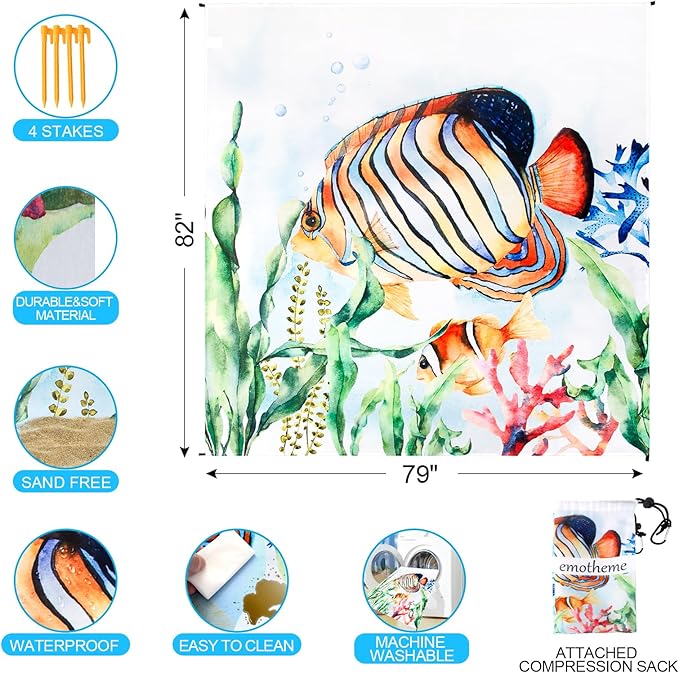 Beach Blanket, Sandproof Beach Mat 79" X 82" for 4-7 Adults, Large Waterproof Beach Blanket Quick Drying Lightweight Beach Blanket with 4 Stakes for Travel Camping Hiking (Deep Sea)