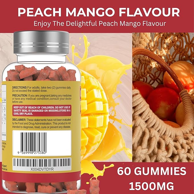 Ashwagandha Gummies, LAB Tested, 60 Count,1500mg,3% Withanolides,Peach Mango Flavour, Ideal Supplement for Your Entire Family.