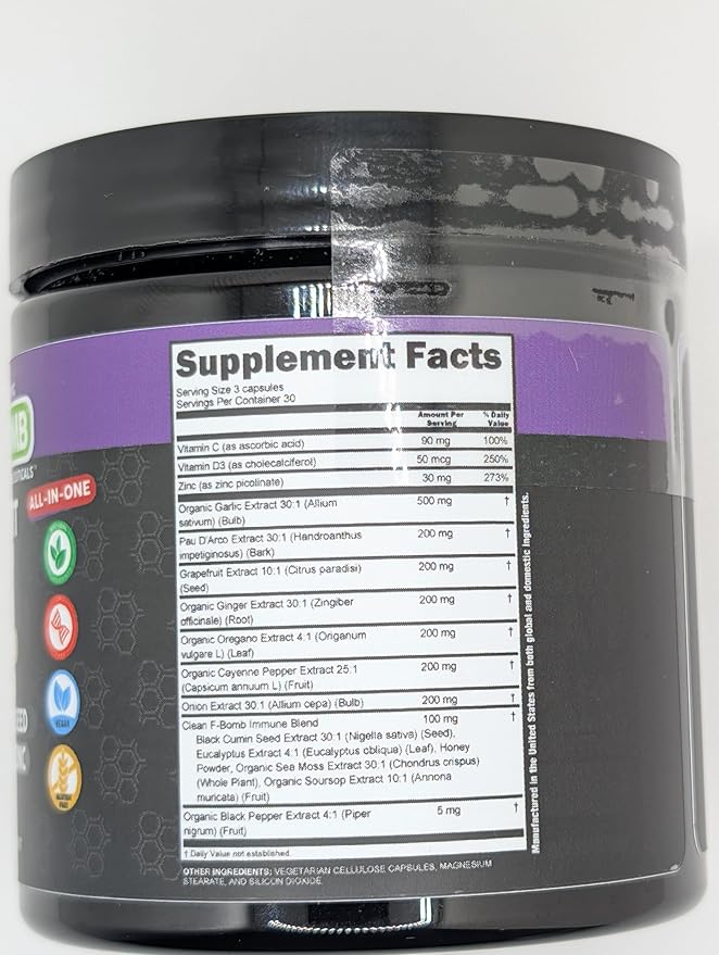 Organic Immune Support with PAU D'Arco Garlic Cayenne Pepper Oregano Ginger Grapefruit Onion Black Seed Sea Moss Black Pepper Zinc Eucalyptus Vitamin C Vitamin D Organic Soursop by Clean Nutra