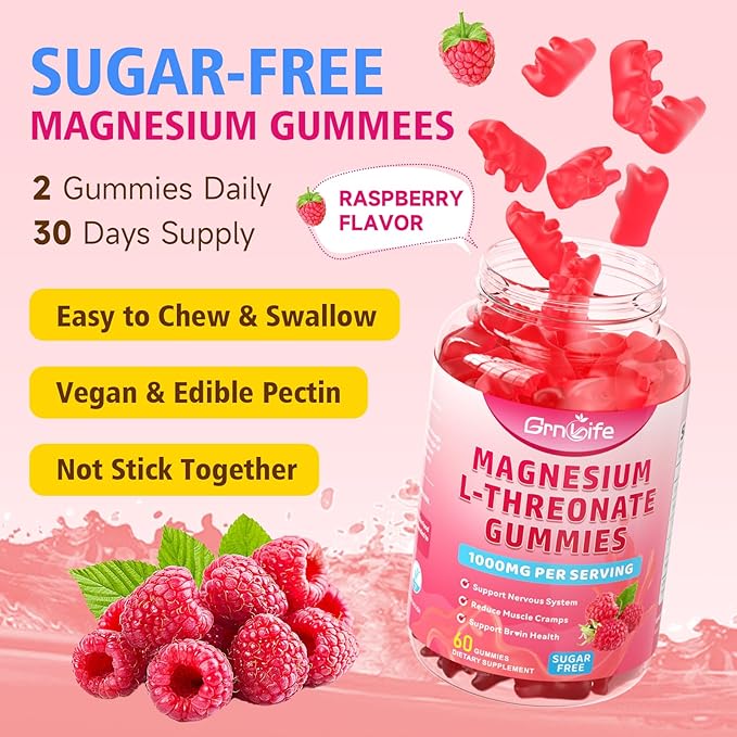 2 Pack Magnesium L-Threonate Gummies 1000MG, Magnesium Threonate Supplement for Kids & Adults, Muscle & Nervous System Support, Sugar-Free, Raspberry Flavor, 120 Count