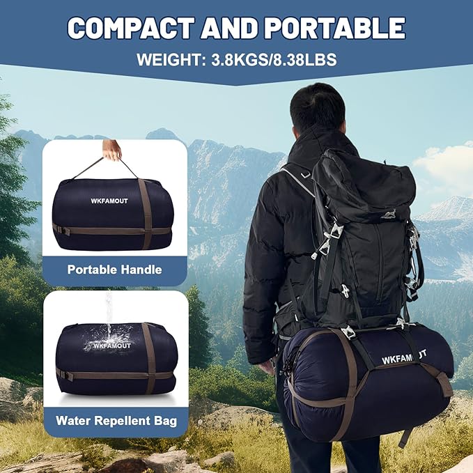 Cotton Flannel Double Sleeping Bag for Adults Machine Washable 2 Person Camping Sleeping Bag Queen Size Waterproof with Compression Sack for Cold Weather 3-4 Seasons