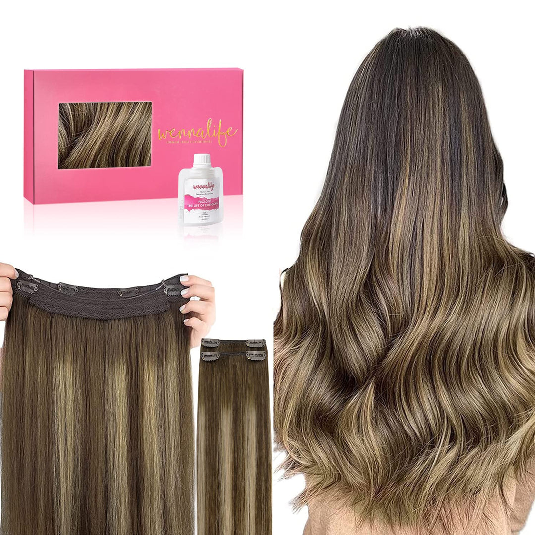 Wennalife Wire Hair Extensions (Increase 50% Lifespan) Real Human Hair 20 Inch 140G Balayage Chocolate Brown To Caramel Blonde R
