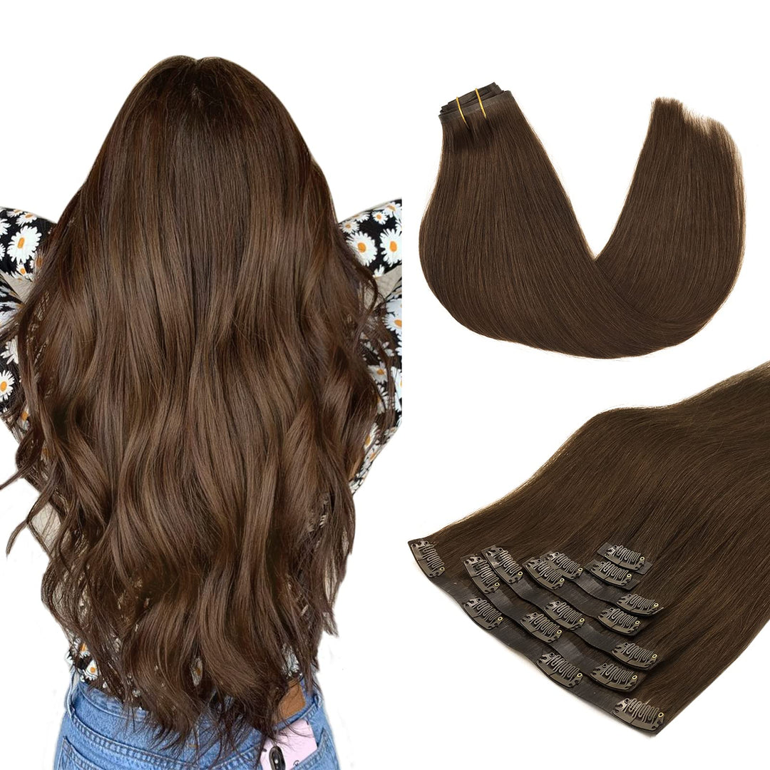 Maxita Human Hair Clip In Extensions, Chocolate Brown 110G 7Pcs 20 Inch Seamless Clip In Hair Extensions Remy Hair Extensions St