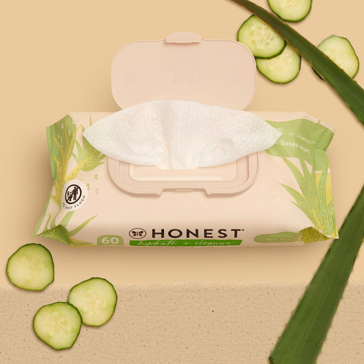 The Honest Company Hydrate + Cleanse Naturally Scented Wipes | Cleansing Multi-Tasking Wipes | 99% Water, Plant Based, Hypoallergenic | Aloe + Cucumber, 60 Count