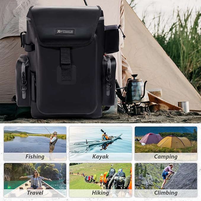 Fishing Tackle Backpack Dry Bag with rod holder 4 tackle boxes and Organizer, Waterproof 600D TPU Fabric with Heat Pressed Seams for Freshwater, Saltwater, Fly Fishing, Camping, and Hiking