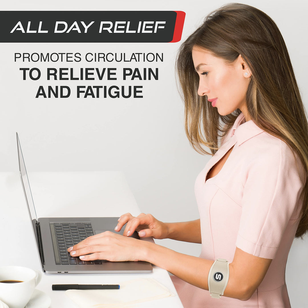 Sleeve Stars Tennis Elbow Brace for Men & Women, Tendonitis Elbow Brace & Strap Golfers Elbow Brace Counterforce Band for Tendon Pain Relief & Support for Forearm w/ 3 Straps Fits 9-23" (Pair/Beige)