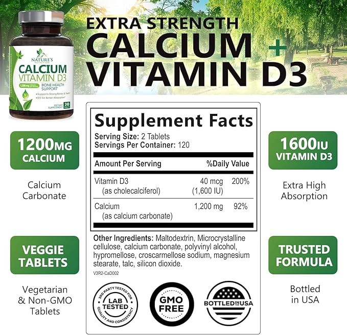 Calcium Supplement with Vitamin D - 1200 mg Calcium Carbonate with 1600 IU of D3 Vitamins - Supports Bone Strength, Teeth & Immune System - Natural & Easily Absorbable for Women & Men - 240 Tablets
