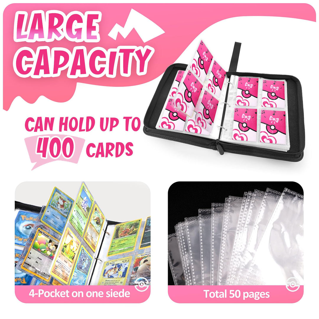 Card Binder 4-Pockets, 400 Pockets Card Holder with 50 Removable Sleeves, Trading Card Collector Zipper Album Holder, Pink…