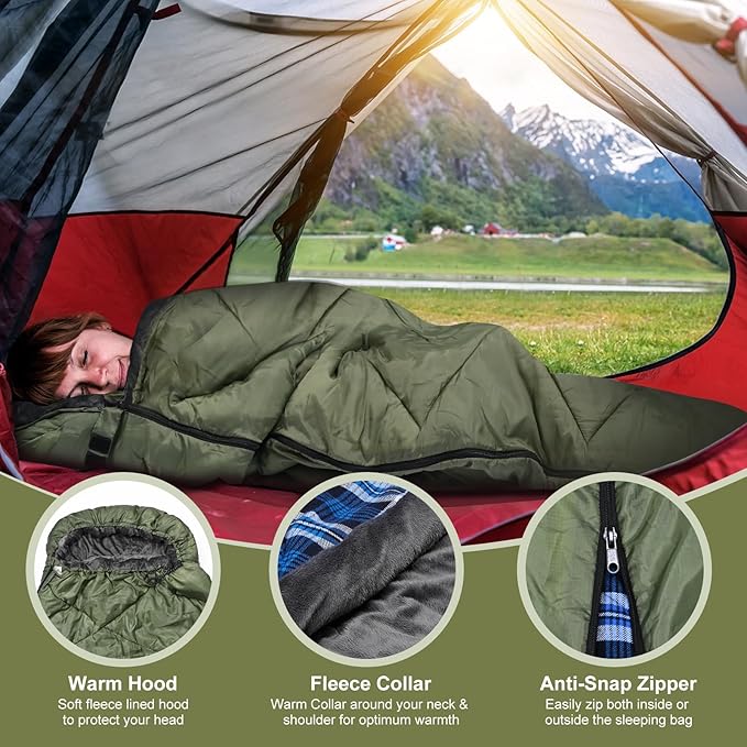 AGEMORE Cotton Flannel Sleeping Bag with Fleece Lined Hood, Waterproof XL Sleeping Bag for Adults, for Cold Weather Camping Backpacking or Hiking, 3-4season with Compression Sack