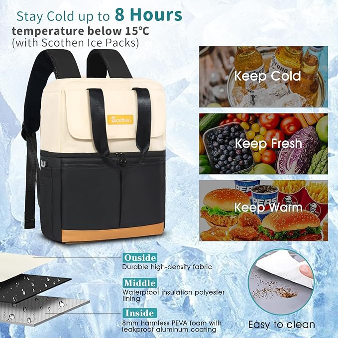 Backpack Cooler with Double Decker & 12 Ice Packs- Keeps 36 Cans Cold for Up to 24 Hours- Waterproof & Leak Proof Insulated Cooler Backpack- Stylish Cooler Bookbag for Women Travel Work Beach