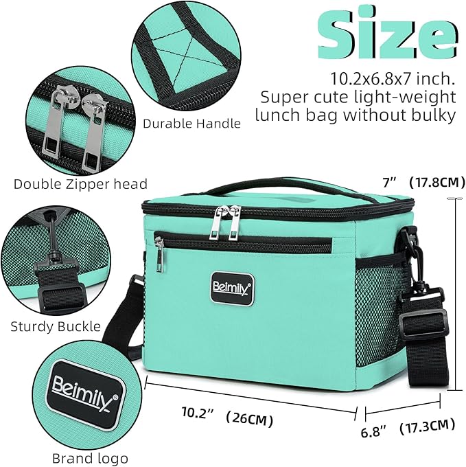 BEIMILY Lunch Box for Men/Women,Small Insulated Lunch Bag,Reusable LunchBox for work Picnic Beach,Leakproof Soft Cooler Tote Bag Organizer with Adjustable Shoulder Strap for Adults(Light Blue Green)