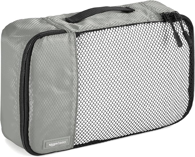 Amazon Basics Lightweight Packing Cubes Travel Organizer Set with Double Zipper, Mesh Top, Multiple Sizes, 4 Piece, Gray