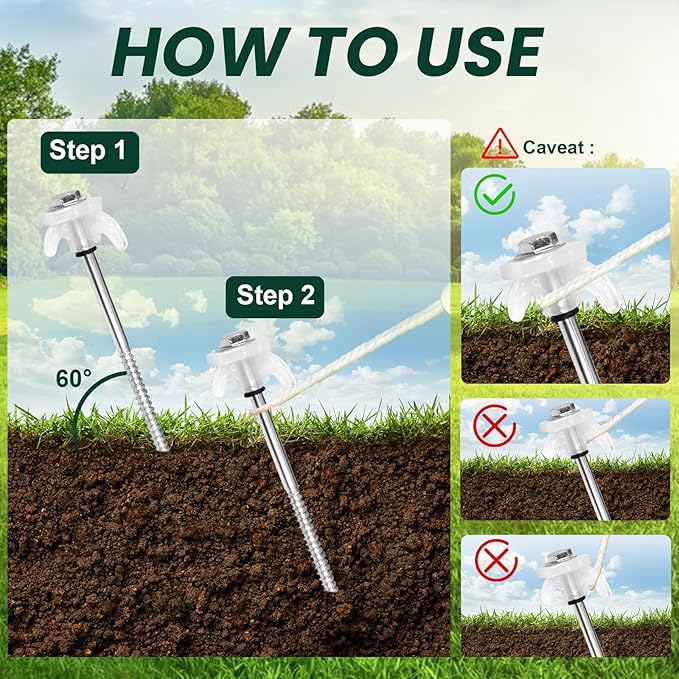 12 Pack 8-inch Heavy Duty Metal Tent Nails - Anchor Screws - Head That Will Glow at Night - Outdoor Camping - Metal Threaded Tent Nails and Hexagonal Head Drive and Storage Box (White)