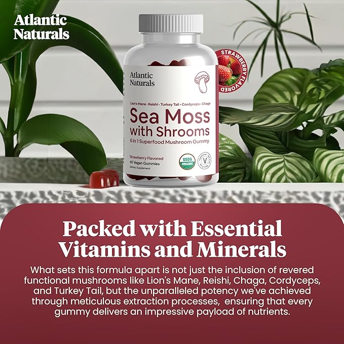 Atlantic Naturals Sea Moss with Shrooms - Mushroom Gummies Supplement - Organic Superfood with Irish Moss, Lion's Mane, Reishi, Cordyceps, Chaga & Turkey Tail - Focus, Energy, Immune Health - 60 ct