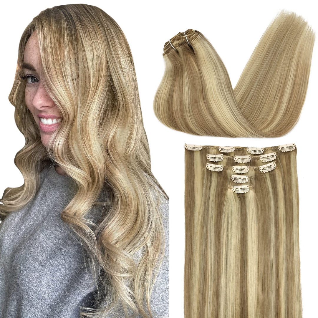 Doores Clip In Human Hair Extensions, 5 Pcs 80G Light Blonde Highlighted Golden Blonde Balayage 20 Inch Hair Extensions Clip In