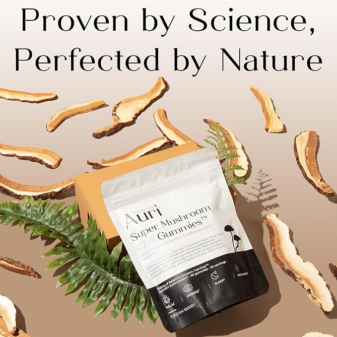 Auri Super Mushroom Chill Gummies - Natural Calming Aid & Stress Reduction Supplement for Adults w/Reishi Mushroom, Ashwagandha, L-Theanine - Unwind Mind & Harmonize Your Day - 60 Calm Gummies