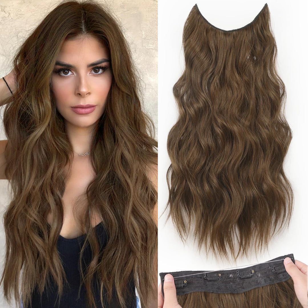 Kookastyle Invisible Wire Hair Extensions With Transparent Wire Headband Adjustable Size 4 Secure Clips Long Wavy Hairpiece 20 I