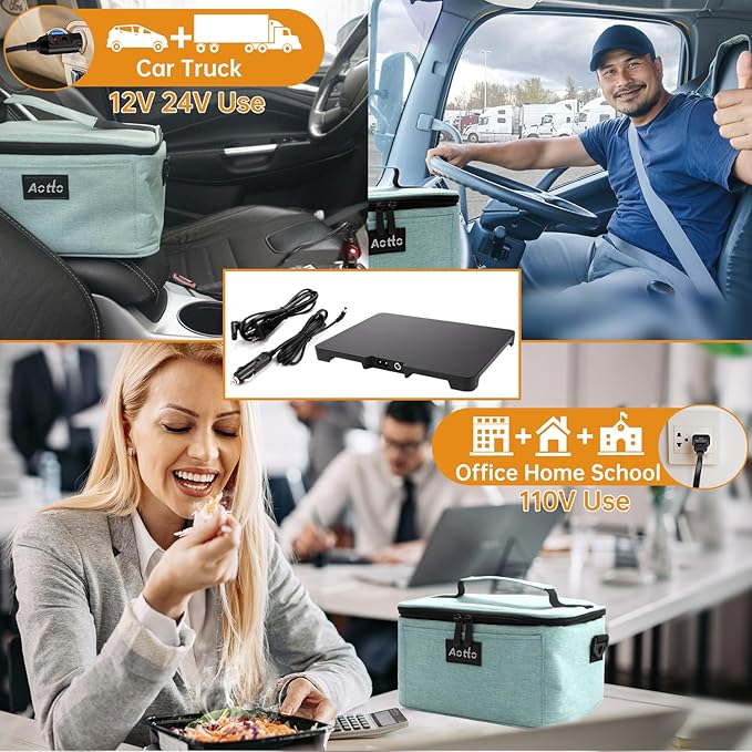 Aotto Portable Electric Lunch Box Food Heater, 12V/24V/110V 3-in-1 Car Food Warmer Heated Lunch Box for Adults, Cook, Reheat & Keep Meals Warm for Car, Truck, Travel, Work, Home - Lake Green