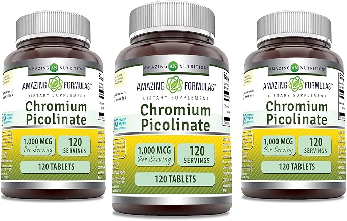 Amazing Formulas Chromium Picolinate | 1000 Mcg Tablets Supplement | Non-GMO | Gluten Free | Made in USA (3 Pack, 120 Count)