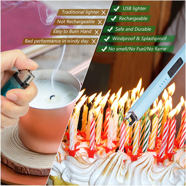 MEIRUBY Lighter Electric Candle Lighter Long Electronic Rechargeable USB Lighter Arc Windproof Flameless Lighters for Candle Camping BBQ Birthday Women's Day Gifts for Women Mom Wife Men, Light Blue