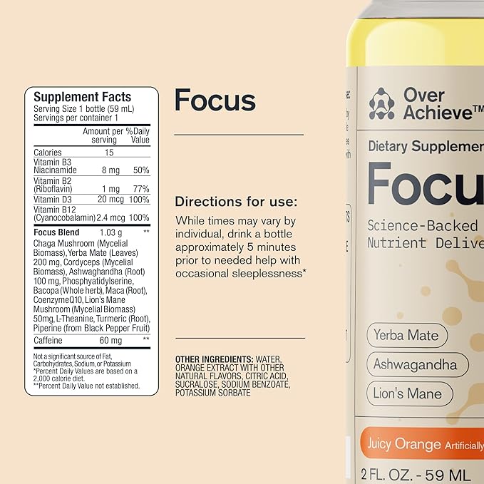 Focus Drink for Concentration- Contains Yerba Mate, Ashwagandha and Lions Mane Mushroom with Advanced Nanoscience Technology - 12 Pack Brain Focus Drink, Orange Flavor, 2oz