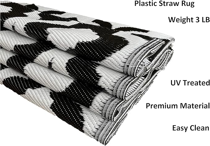 BalajeesUSA Outdoor Rug - 5x7 Black, Reversible Recycled Plastic Straw Outdoor Patio Rugs Clearance Waterproof Large RV Camper Mats 507